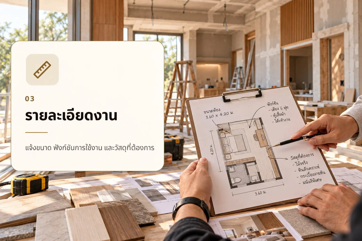 ขั้นตอน 03 แจ้งขนาด ฟังก์ชัน และวัสดุที่ต้องการ
